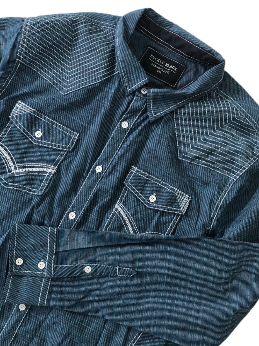 NWT Buckle Black Blue Western Cowboy Long Sleeve Shirt Flap Pockets 2XL